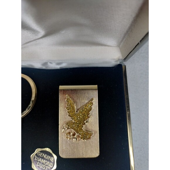 Marquis Genuine Diamond Dust Eagle Key Ring Matching Money Clip Gold Tone Metal - Picture 8 of 15